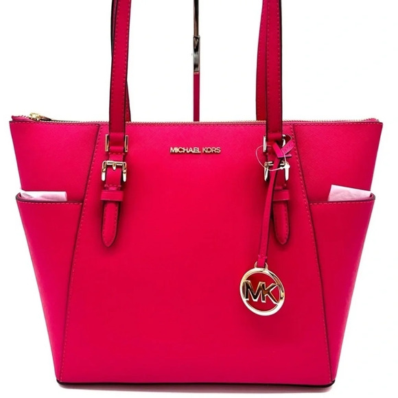 Michael Kors Large Charlotte Tote Bag Luggage Leather Electric Pink - Picture 1 of 12